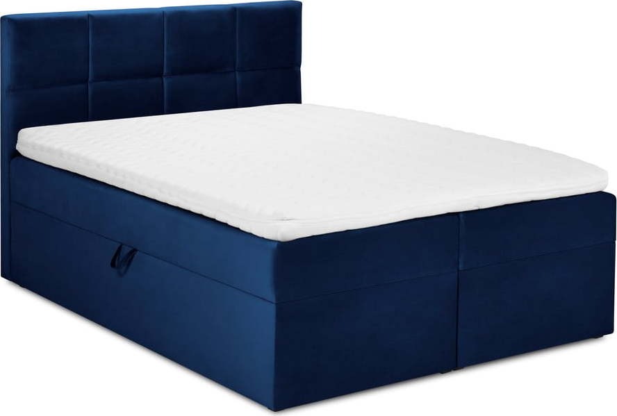Modrá boxspring postel s úložným prostorem 180x200