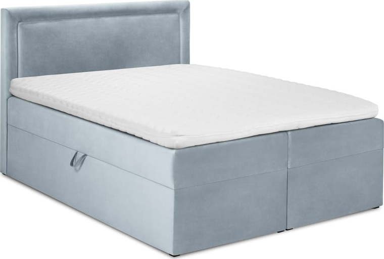 Světle modrá boxspring postel s úložným prostorem 180x200