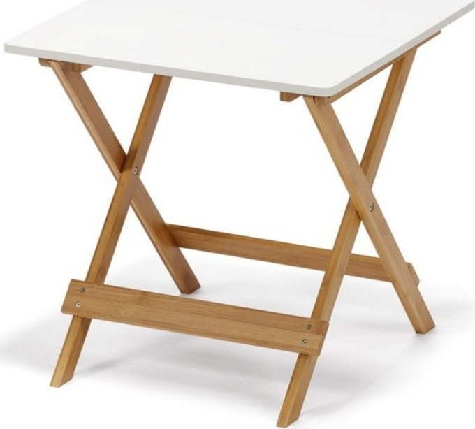 Bílý sklápěcí stolek s bambusovými nohami