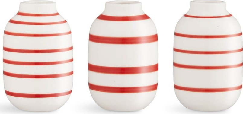 Sada 3 miniaturních bílo-červených pruhovaných porcelánových váz