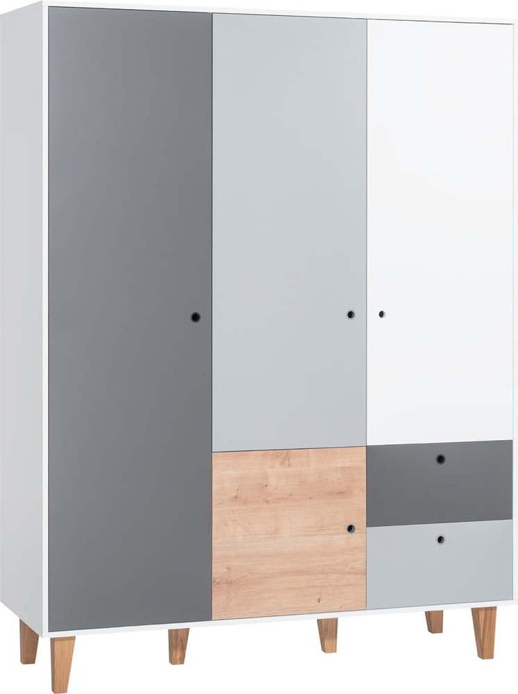 Bílo-šedá třídveřová šatní skříň se dřevěným detailem