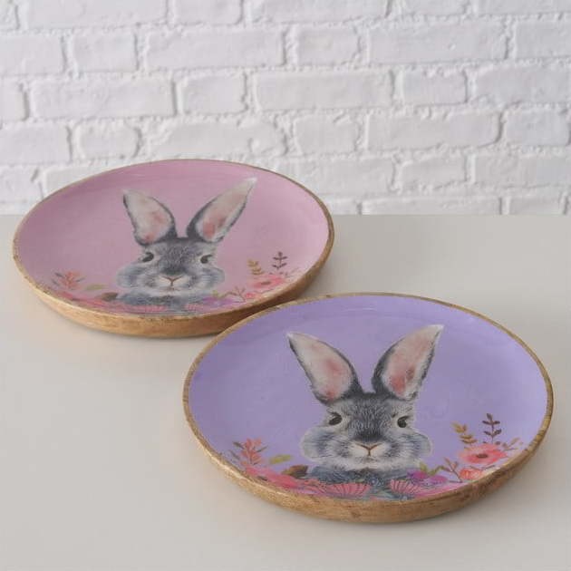 Růžovo-fialové velikonoční dezertní dřevěné talíře v sadě 2 ks