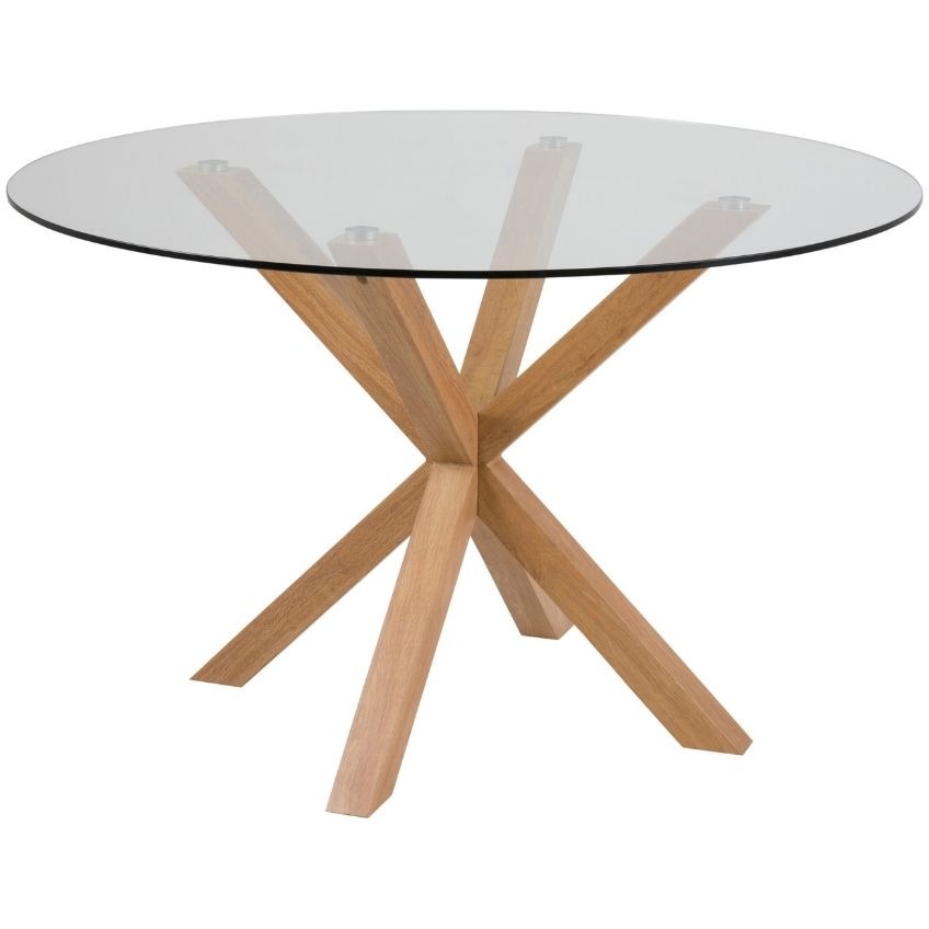 Scandi Skleněný kulatý jídelní stůl s dubovou podnoží Skyline
