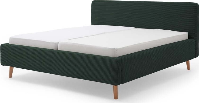 Tmavě zelená čalouněná dvoulůžková postel s úložným prostorem s roštem