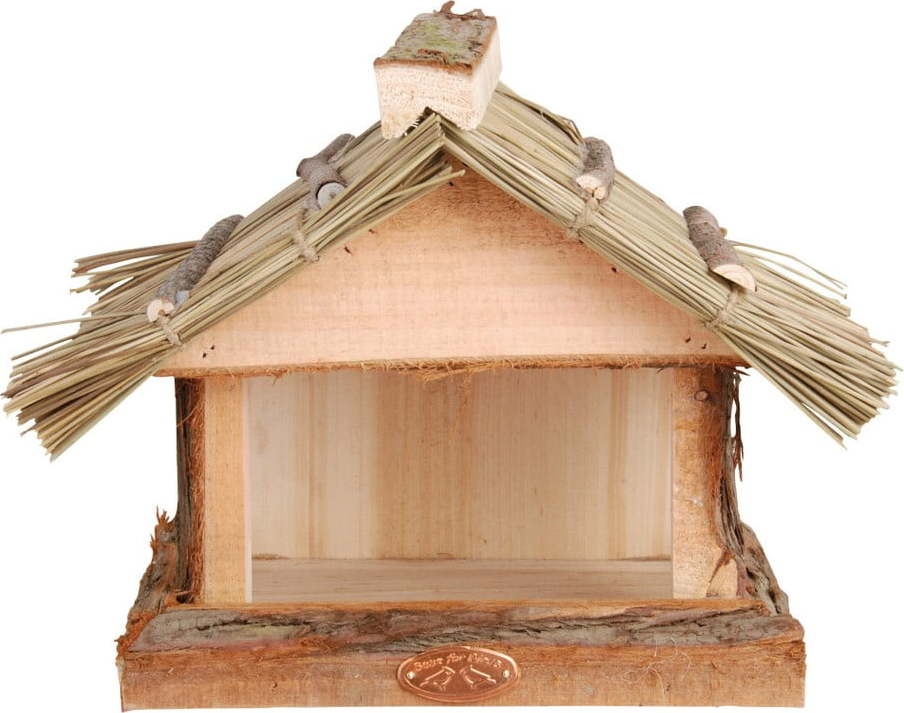 Dřevěné krmítko s doškovou střechou