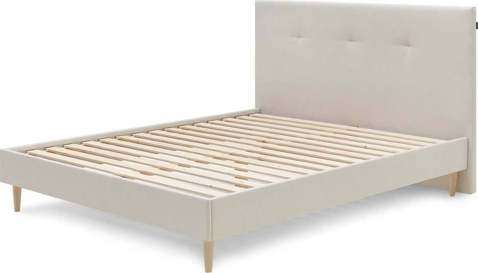 Béžová čalouněná dvoulůžková postel s roštem 160x200