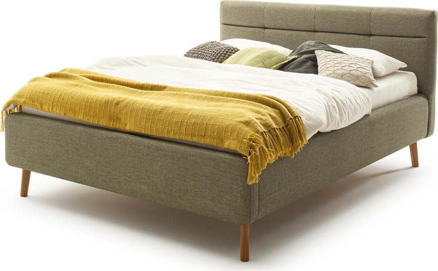 Zelená čalouněná dvoulůžková postel s úložným prostorem s roštem