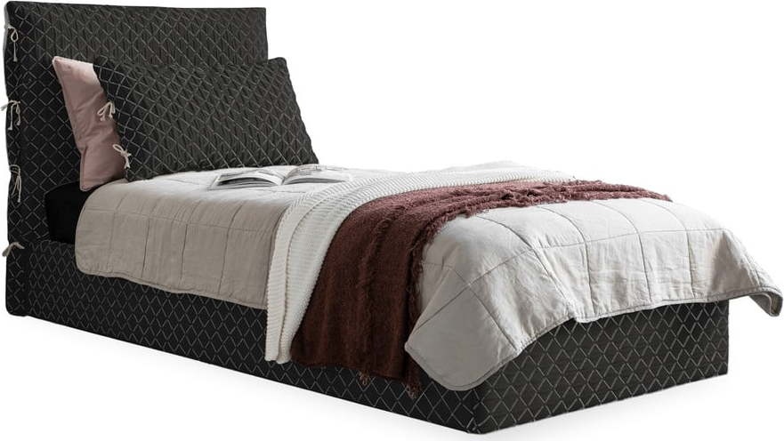 Černá čalouněná jednolůžková postel s úložným prostorem s roštem