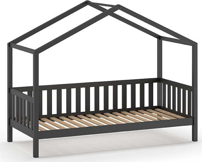 Antracitová domečková dětská postel z borovicového dřeva