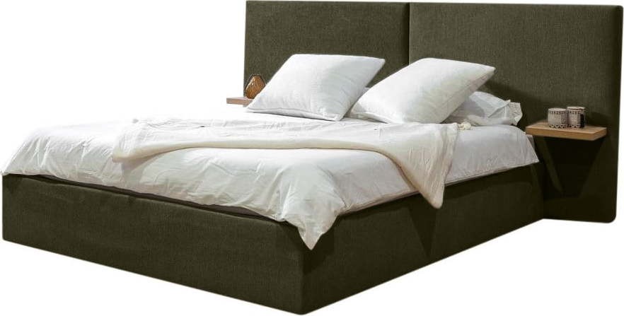 Tmavě zelená čalouněná dvoulůžková postel s úložným prostorem s