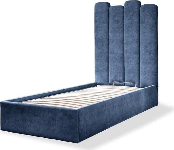 Modrá čalouněná jednolůžková postel s úložným prostorem s roštem