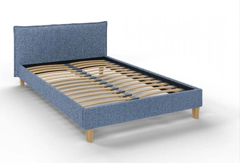 Modrá čalouněná dvoulůžková postel s roštem 140x200