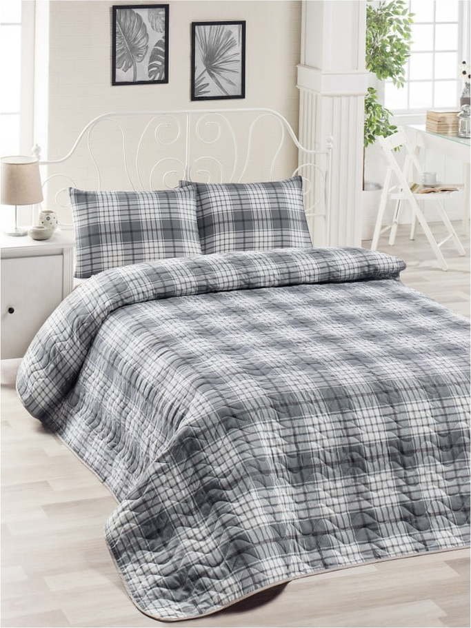 Set bavlněného šedého přehozu přes postel a 2 povlaků na