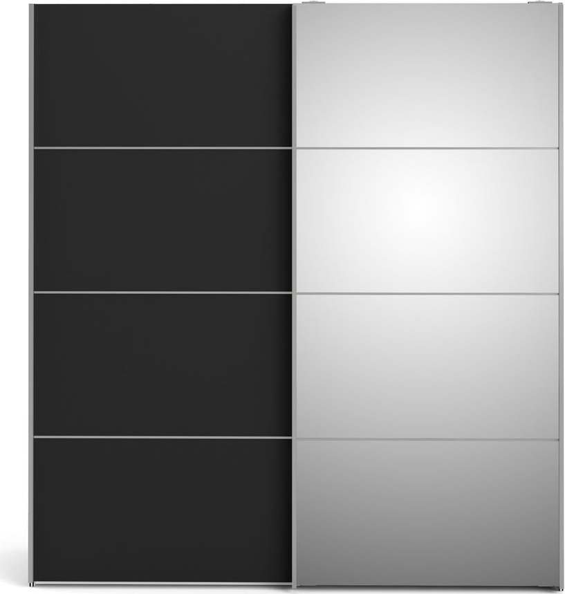 Černá šatní skříň se zrcadlem a posuvnými dveřmi